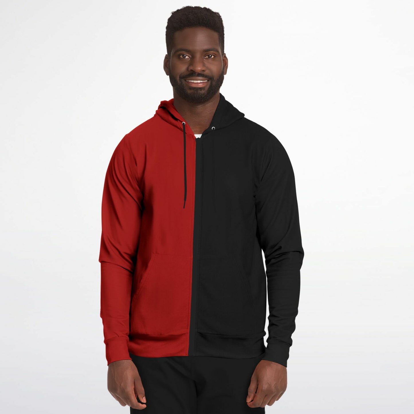 Half Black Half Red Zip Up Hoodie, Two Tone Color Split Full Zipper Pocket Men Women Unisex Adult Graphic Cotton Fleece Hooded Sweatshirt