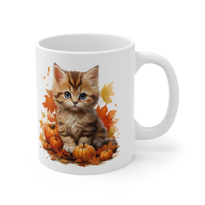 Cat Fall Pumpkins Coffee Mug, Autumn Leaves Kitten Thanksgiving Cute Art Ceramic Cup Tea Hot Chocolate Unique Cool Novelty