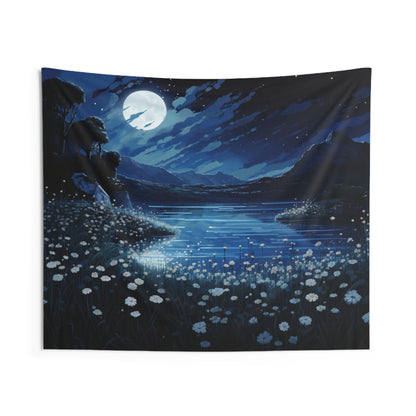 Dark Blue Night Sky Tapestry, Moon Dandelion Flowers Lake Wall Art Hanging Cool Unique Landscape Aesthetic Large Small Decor Bedroom Dorm Starcove Fashion