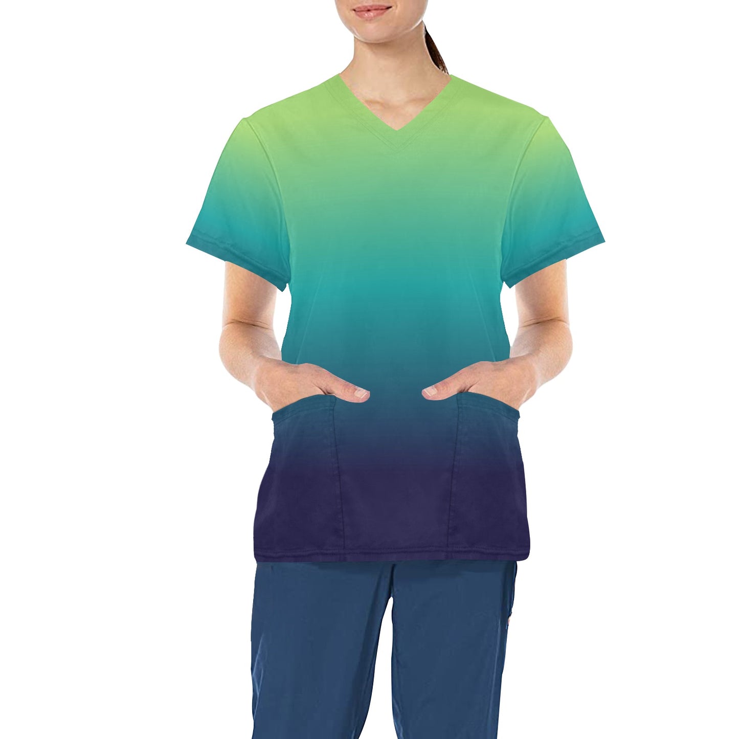 Blue Green Ombre Medical Scrubs Top Women, Gradient Tie Dye Ladies Female Plus Size Nursing Nurse Vet Veterinary Assistant Uniform Pockets