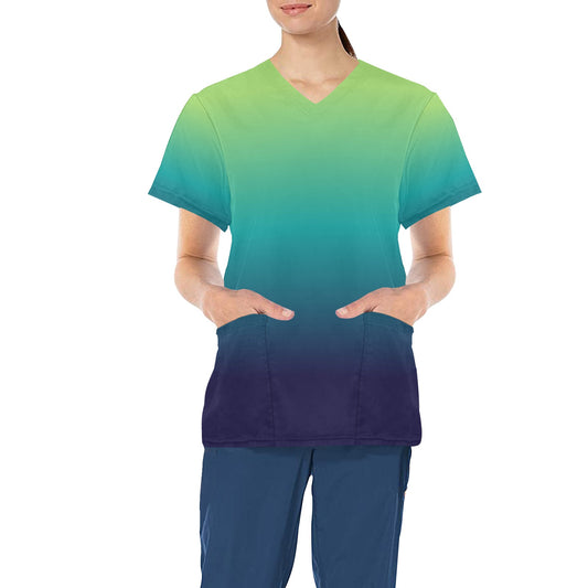 Blue Green Ombre Medical Scrubs Top Women, Gradient Tie Dye Ladies Female Plus Size Nursing Nurse Vet Veterinary Assistant Uniform Pockets