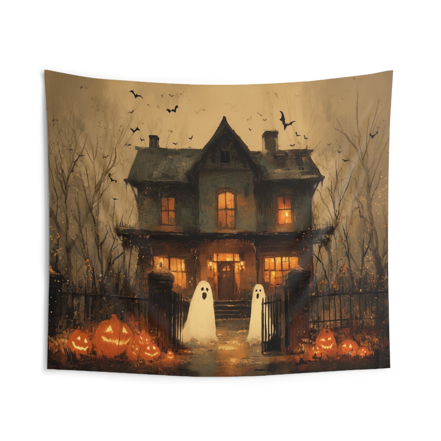 Halloween Tapestry, Haunted House Ghosts Pumpkins Spooky Bats Wall Art Hanging Horizontal Large Small Decor Bedroom College Dorm Room
