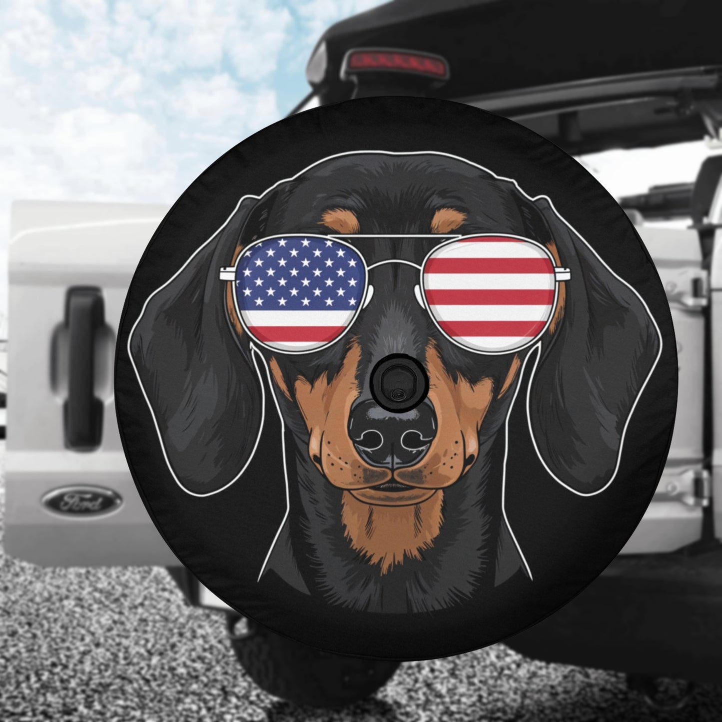 Dachshund Dog American Flag Spare Tire Cover,  Puppy Sunglasses Cool Backup Camera Hole Wheel Unique RV Back Cars Men Women Trailer Campers - Starcove Fashion