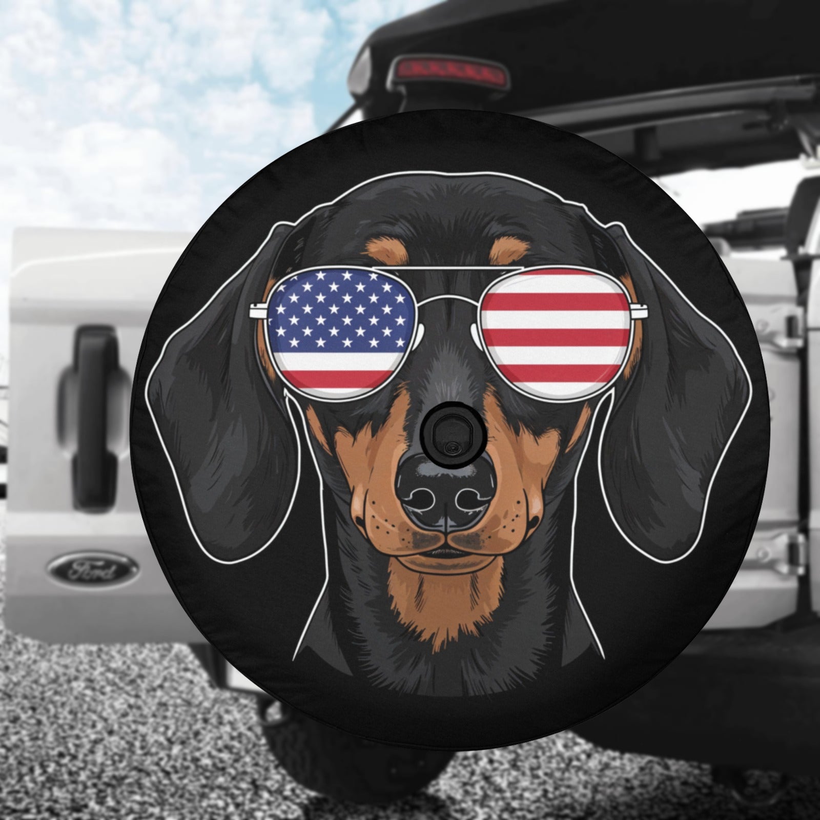 Dachshund Dog American Flag Spare Tire Cover,  Puppy Sunglasses Cool Backup Camera Hole Wheel Unique RV Back Cars Men Women Trailer Campers - Starcove Fashion