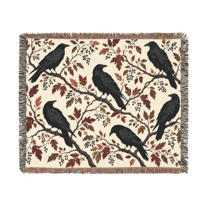Black Raven Floral Woven Throw Blanket Tapestry, Halloween Autumn Fall Boho Gothic Crow Cotton Fringe Adult Kids Small Large Bed 50x60 Wall