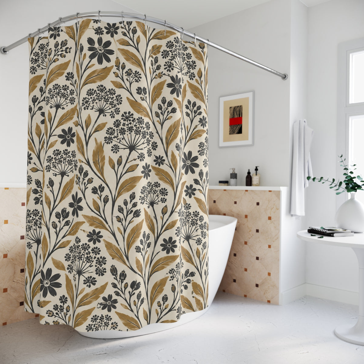 Rustic Boho Floral Shower Curtain, Cream Gold Black Botanical Wildflower Nature Bathroom Decor Waterproof Fabric Housewarming Gift 71" x 74"