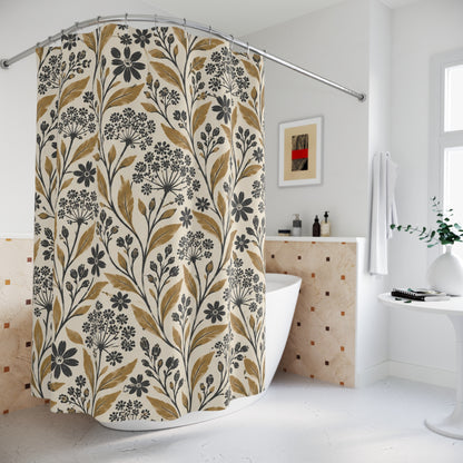 Rustic Boho Floral Shower Curtain, Cream Gold Black Botanical Wildflower Nature Bathroom Decor Waterproof Fabric Housewarming Gift 71" x 74"