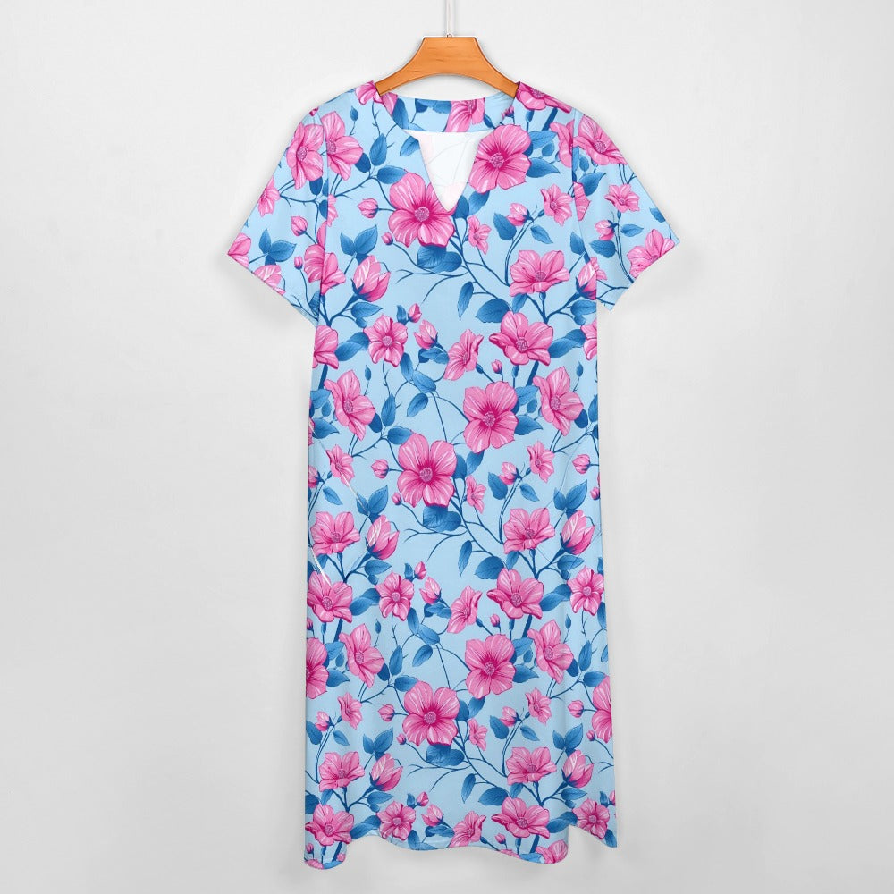 Pink Blue Floral Women Maxi Dress, Flowers V-Neck Print Short Sleeve Evening Summer Cocktail Ladies Handmade Designer Plus Size Pockets