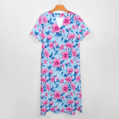Pink Blue Floral Women Maxi Dress, Flowers V-Neck Print Short Sleeve Evening Summer Cocktail Ladies Handmade Designer Plus Size Pockets
