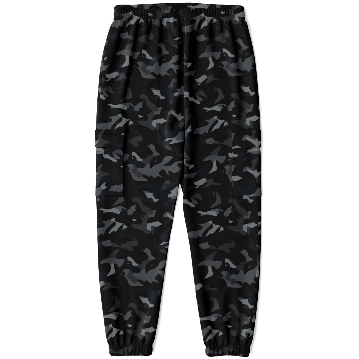 Black Camo Cargo Pants with Flap Pockets, Camouflage Men Women Fleece Joggers Sweatpants Cotton Sweats Streetwear Trousers
