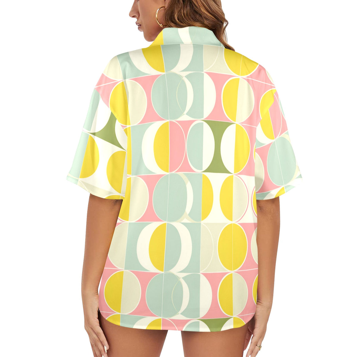 Mid Century Modern Women Hawaiian shirt, Retro Vintage Summer Yellow Print Vintage Retro Hawaii Aloha Button Up Down Plus Size Ladies Blouse