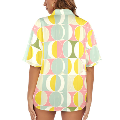 Mid Century Modern Women Hawaiian shirt, Retro Vintage Summer Yellow Print Vintage Retro Hawaii Aloha Button Up Down Plus Size Ladies Blouse