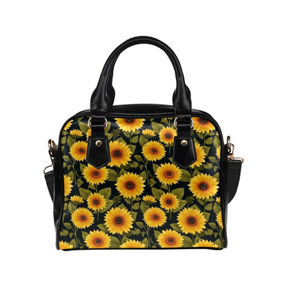 Sunflower Floral Purse Handbag, Yellow Floral Flowers Black Print Vegan Leather Designer Shoulder Satchel Top Handle Bag with Strap Zip