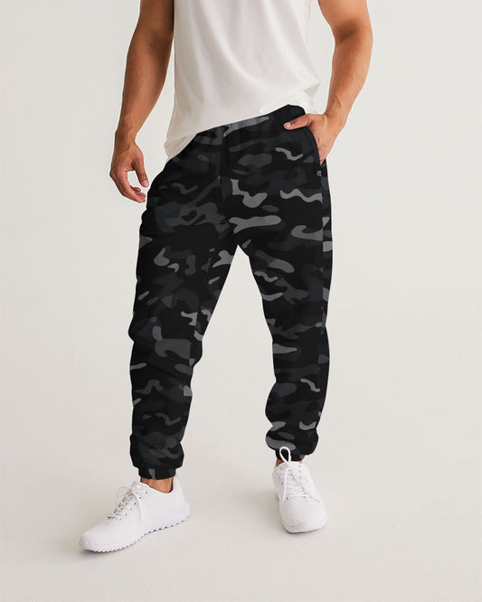Black Camo Men Track Pants, Grey Camouflage Zip Pockets Quick Dry Mesh Lining Lightweight Festival Elastic Waist Windbreaker Joggers Bottoms