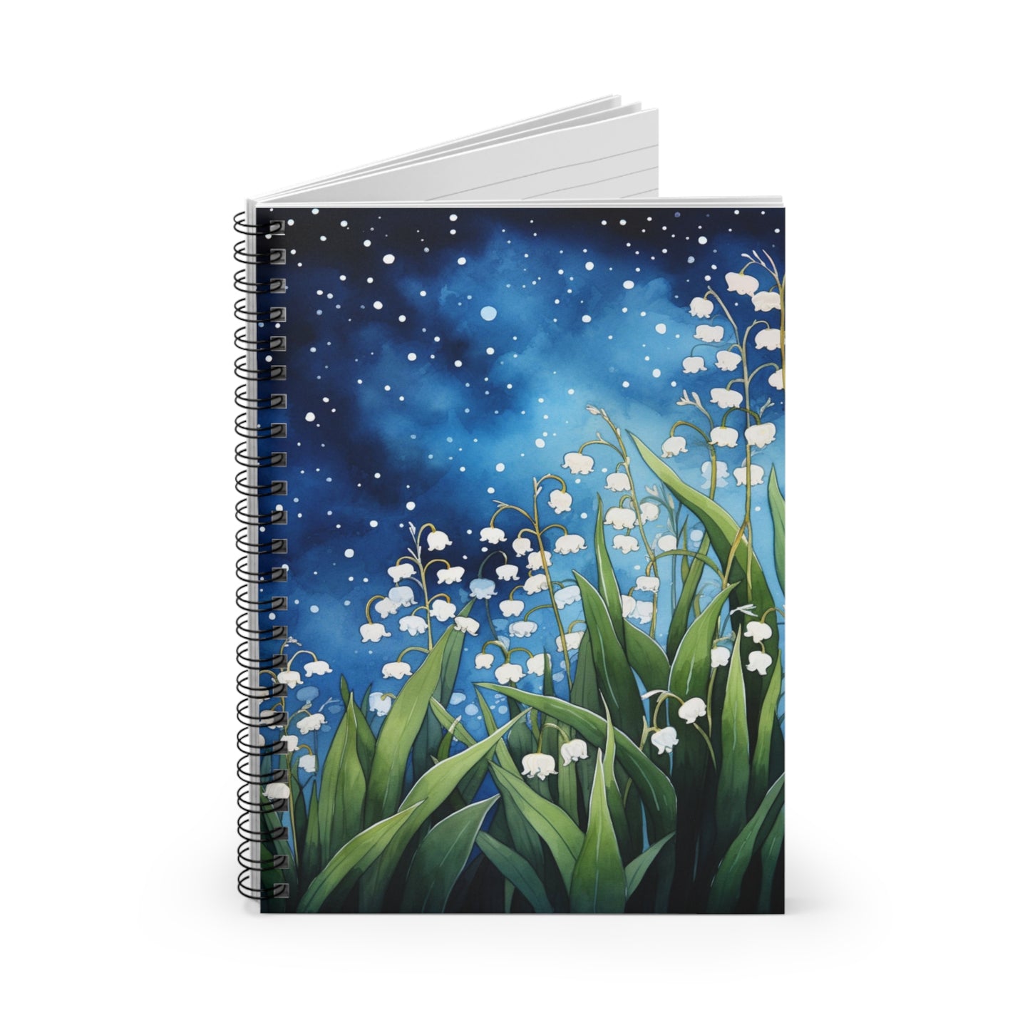 Lily of the Valley Flowers Spiral Notebook, Night Sky Watercolor Traveler Design Small Journal  Notepad Ruled Line Book Paper Pad Aesthetic Starcove Fashion