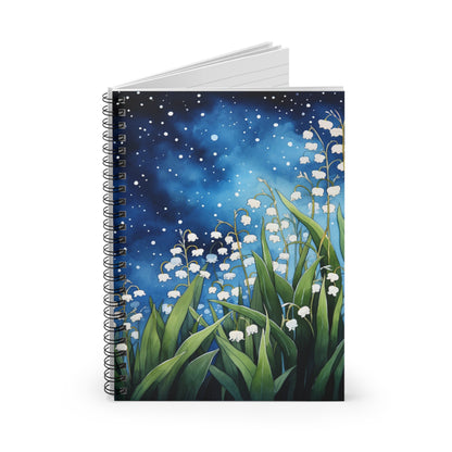 Lily of the Valley Flowers Spiral Notebook, Night Sky Watercolor Traveler Design Small Journal  Notepad Ruled Line Book Paper Pad Aesthetic Starcove Fashion