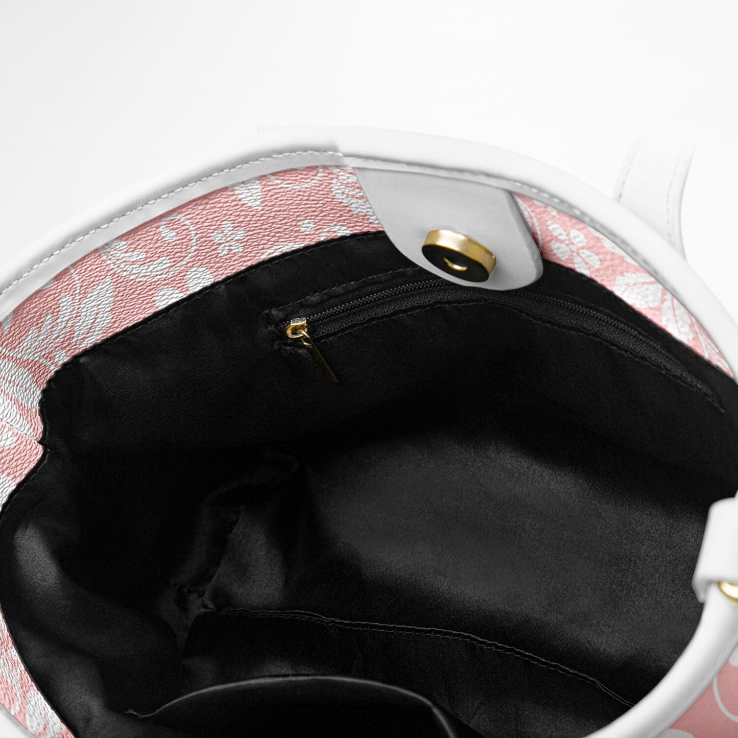 Pink Floral Tote Bag Purse, Flowers White Vegan Leather Print Handbag Women Zip Top Small Designer Handmade Shoulder Crossbody