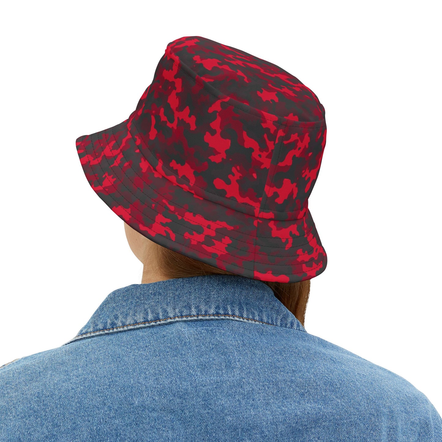 Red Camo Bucket Cap Hat, Black Camouflage Beach Women Men Kids Golf Summer Festival Cute Designer Sun Shade Ladies Small Large Guys