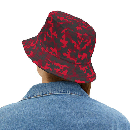 Red Camo Bucket Cap Hat, Black Camouflage Beach Women Men Kids Golf Summer Festival Cute Designer Sun Shade Ladies Small Large Guys