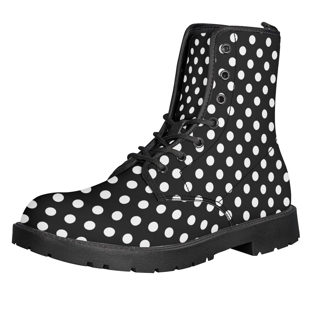 Polka Dots Leather Boots, Black White Retro Vintage Lace Up Shoes Hiking Women Men Female Festival Ankle Combat Work Winter Casual Custom