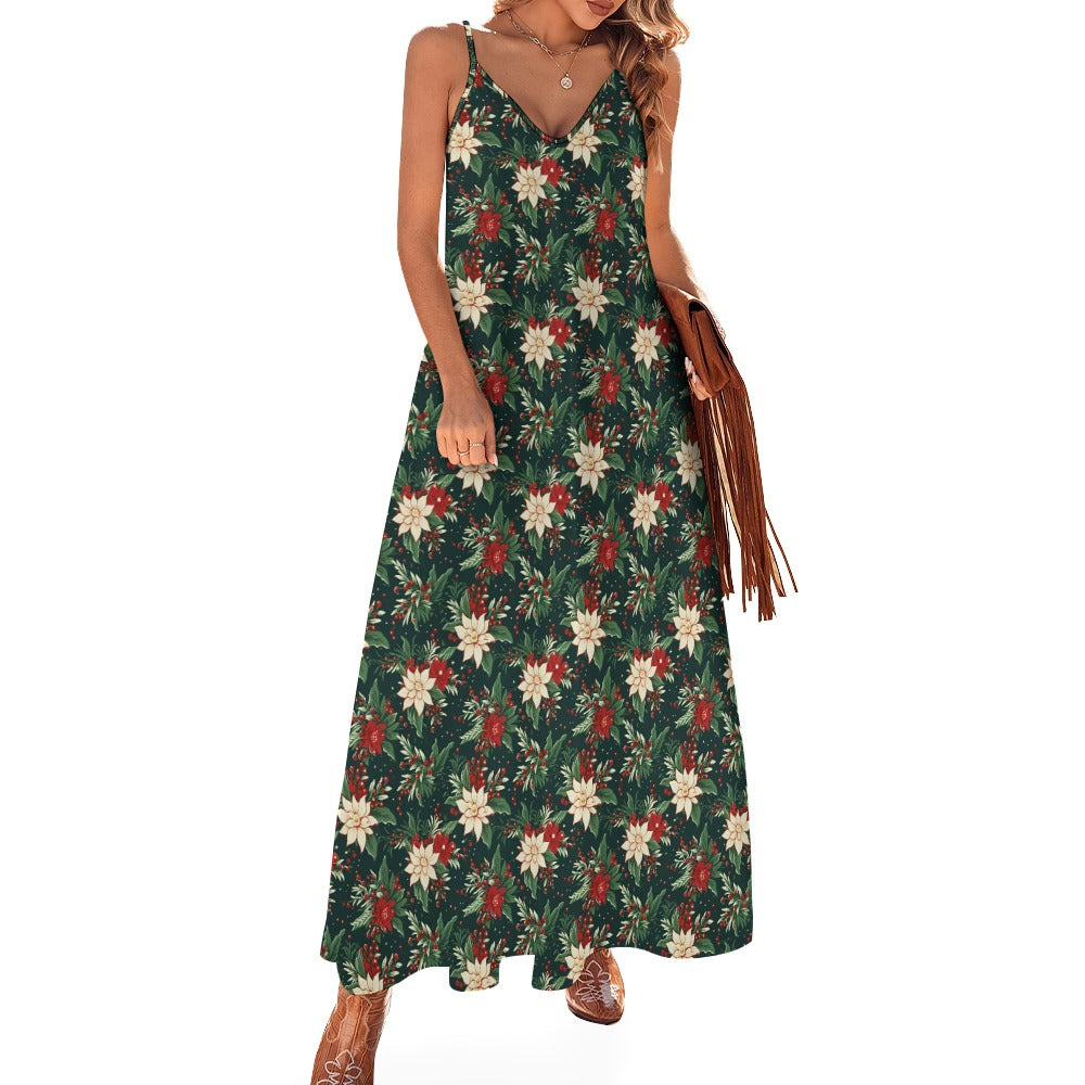 Christmas Party Maxi Dress, Green Red Vintage Xmas Berries Long Spaghetti Straps Women Sleeveless Casual Cute Designer Plus Size Cocktail 3XL / White Christmas Party Maxi Dress, Green Red Vintage Xmas Berries Long Spaghetti Straps Women Sleeveless Casual Cute Designer Plus Size Cocktail 3XL / White