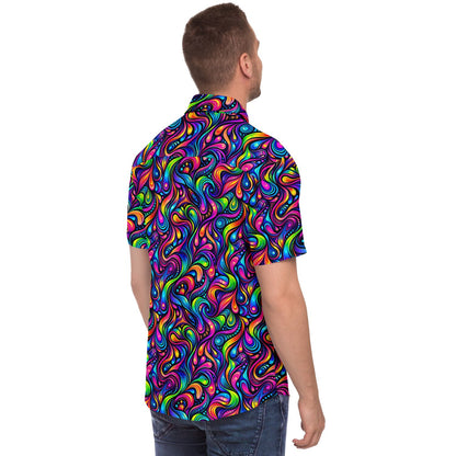Psychedelic Men Button Up Shirt, Vibrant Trippy Funky Festival Short Sleeve Print Casual Buttoned Down Summer Male Guys Collared Designer - Starcove Fashion