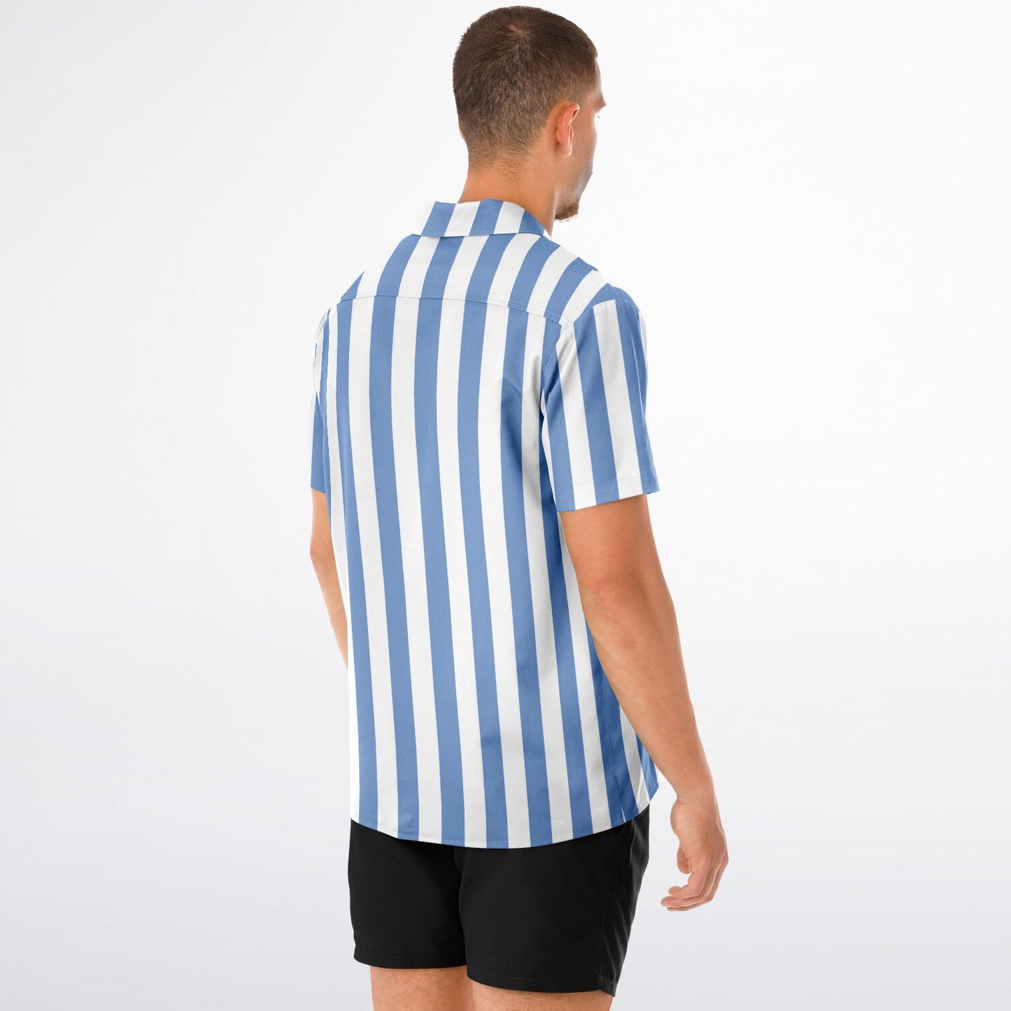 Blue White Striped Men Button Down Shirt, Beach Spread Collar Short Sleeve Guys Casual Print Buttoned Up Plus Size Unisex