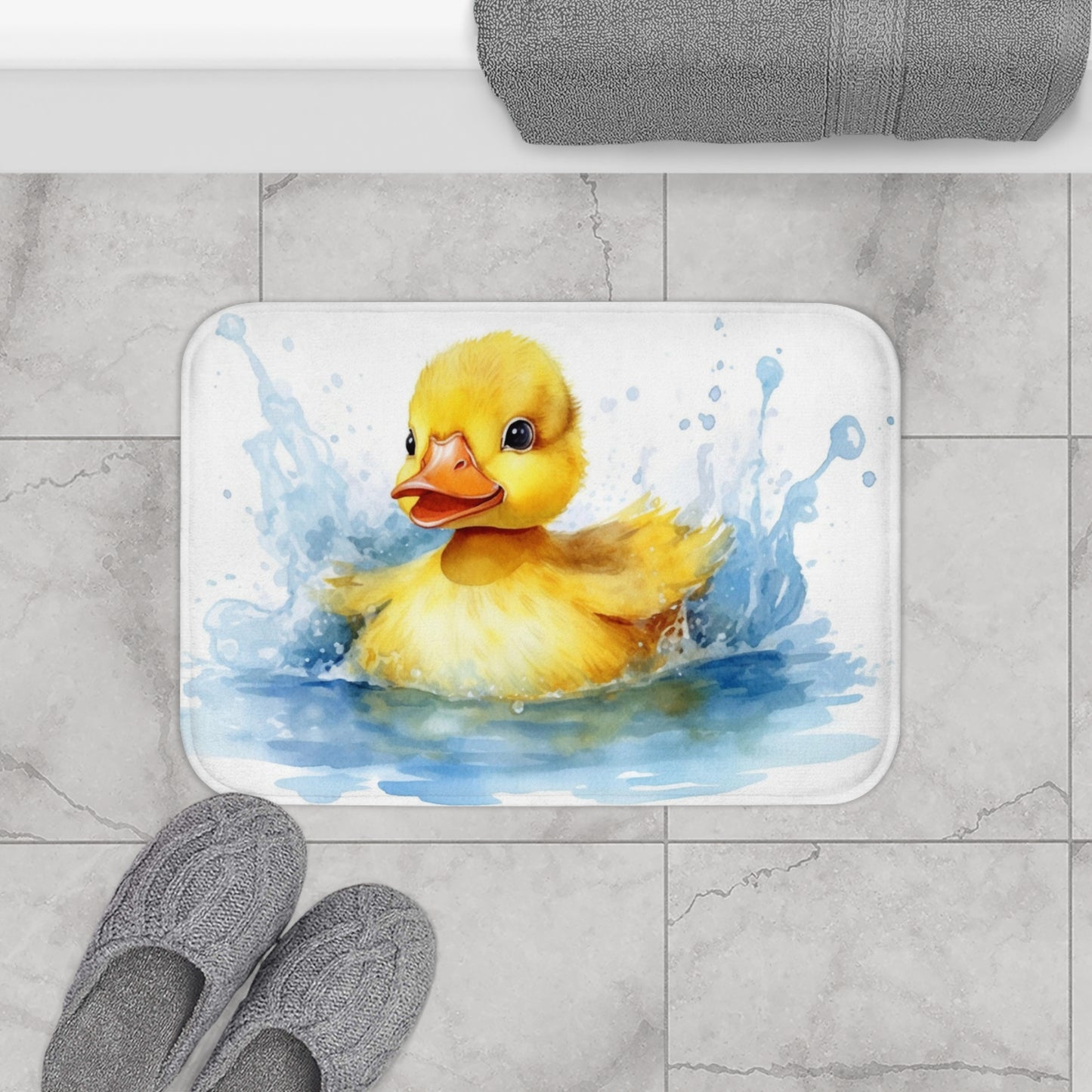 Yellow Duck Bath Mat, Watercolor Cute Shower Bathroom Decor Non Slip Floor Memory Foam Microfiber Large Small Washable Rug