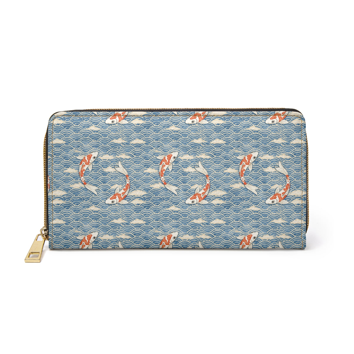 Koi Fish Leather Wallet Women, Ocean Japanese Wave Vegan Zipper Zip Around Coins Credit Cards Pocket Cash Ladies Female Pouch Slim Purse