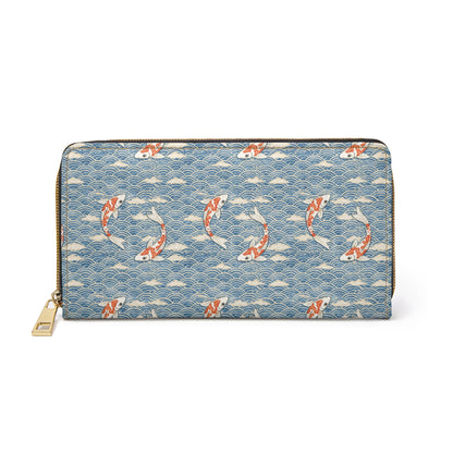 Koi Fish Leather Wallet Women, Ocean Japanese Wave Vegan Zipper Zip Around Coins Credit Cards Pocket Cash Ladies Female Pouch Slim Purse