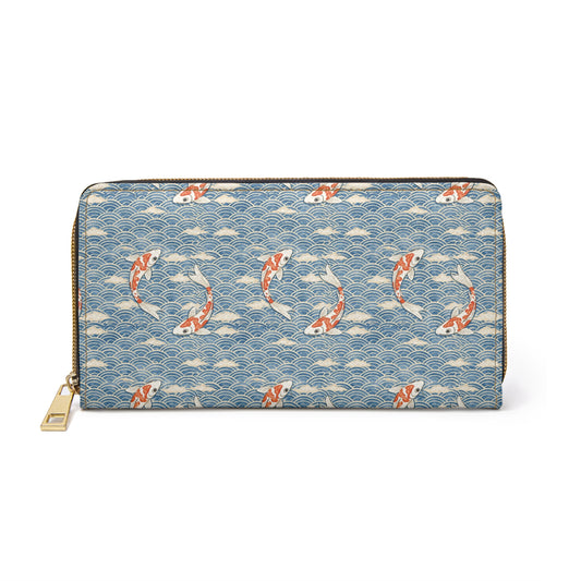 Koi Fish Leather Wallet Women, Ocean Japanese Wave Vegan Zipper Zip Around Coins Credit Cards Pocket Cash Ladies Female Pouch Slim Purse