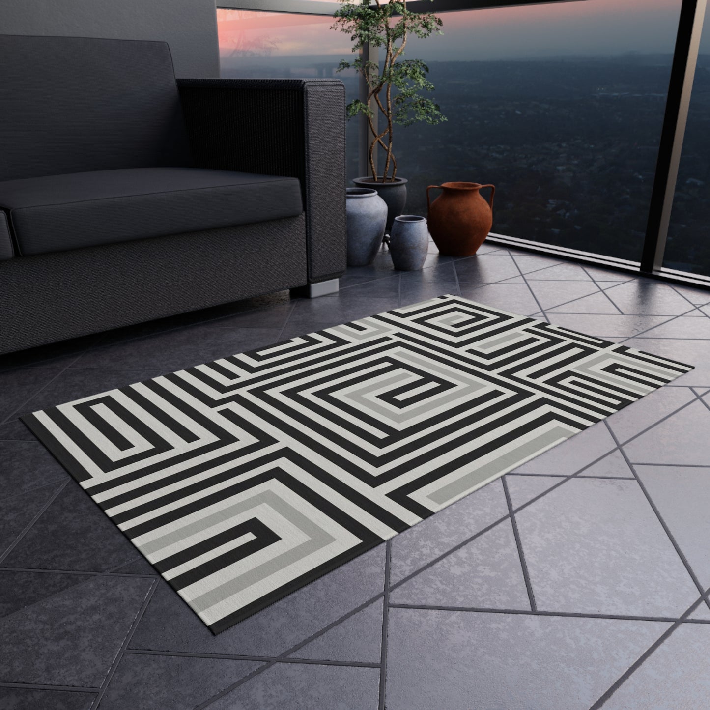 Black White Gray Outdoor Area Rug, Geometric Waterproof Patio Porch Exterior Carpet Home Floor Small Large 2x3 4x6 3x5 5x7 8x10 Camping Mat