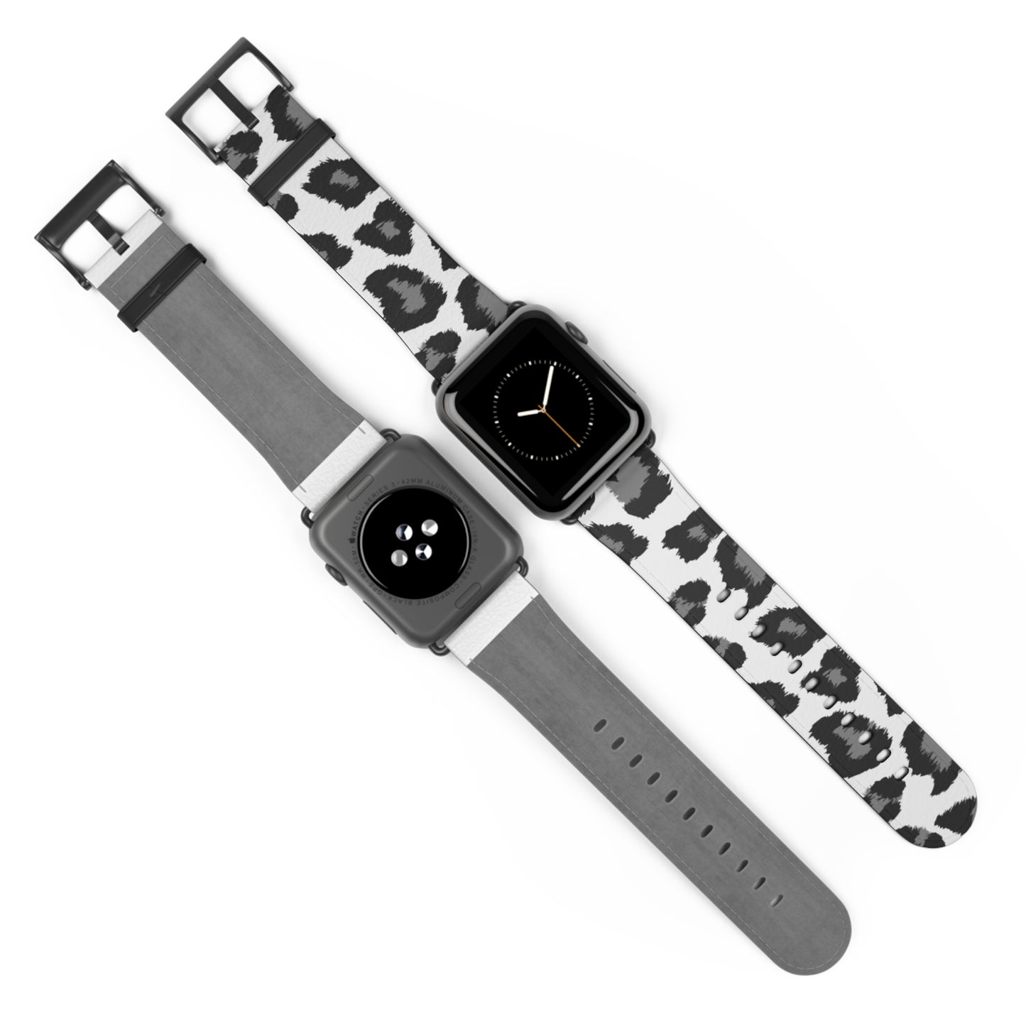 Snow Leopard Apple Watch Band, Vegan Leather Strap Black White Animal Print Bracelet 38 40 41 42 44 45 Series 3 4 5 6 7 8 9 Ultra SE - Starcove Fashion