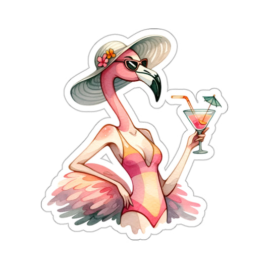 Cocktail Flamingo Sticker Decal, Pink Funny Character Water Art Vinyl Laptop Cool Waterbottle Tumbler Car Waterproof Bumper Clear Aesthetic