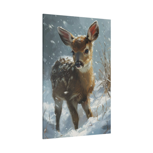 Baby Deer Canvas Gallery Wrap, Watercolor Fawn Animal Winter Snow Wall Art Print Decor Small Large Hanging Vertical Living Room