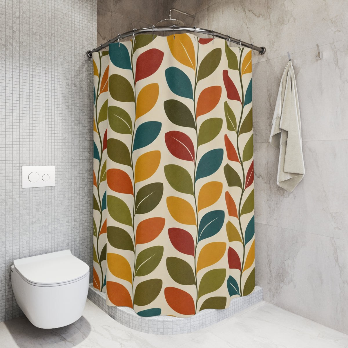 Mid Century Scandinavian Leaf Shower Curtain, Retro Nordic Botanical Teal Orange Mustard Bathroom Decor Nature Housewarming Gift 71" x 74"