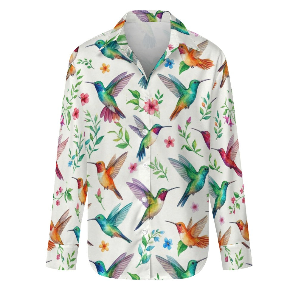 Hummingbird Long Sleeve Shirt Women, Bird Animal Button Up Ladies Blouse Print Buttoned Down Collared Casual Dress Going Out Top - Starcove Fashion
