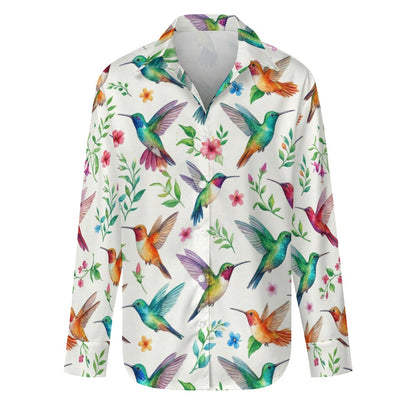 Hummingbird Long Sleeve Shirt Women, Bird Animal Button Up Ladies Blouse Print Buttoned Down Collared Casual Dress Going Out Top - Starcove Fashion