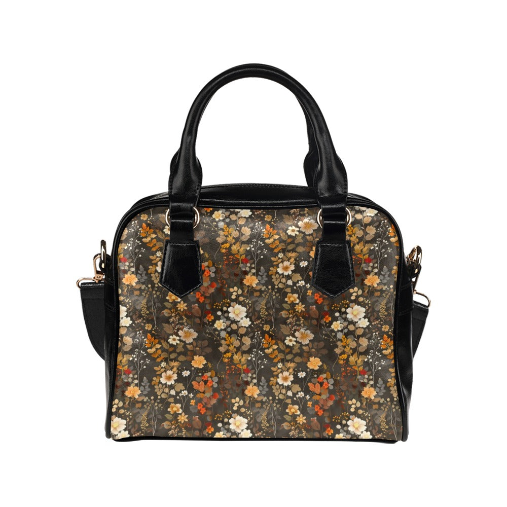 Brown Floral Purse, Flowers Fall Autumn Retro Pattern Cute Small Shoulder Zip Bag Vegan Leather Women Designer Handbag Crossbody Ladies