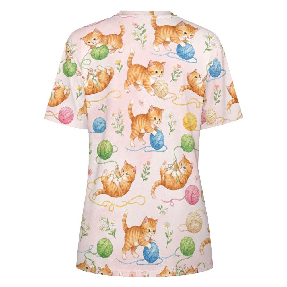 Cute Cats Women Cotton Tshirt, Tabby Kittens Pink Ladies Female Designer Adult Graphic Aesthetic Fashion Fitted Crewneck Tee Shirt Top - Starcove Fashion