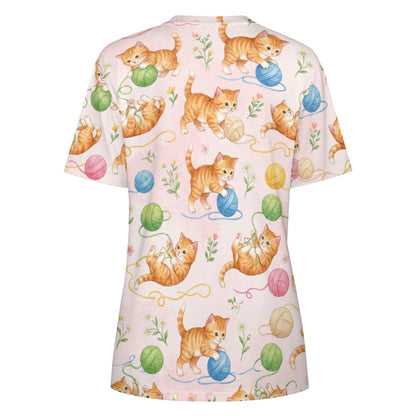 Cute Cats Women Cotton Tshirt, Tabby Kittens Pink Ladies Female Designer Adult Graphic Aesthetic Fashion Fitted Crewneck Tee Shirt Top - Starcove Fashion