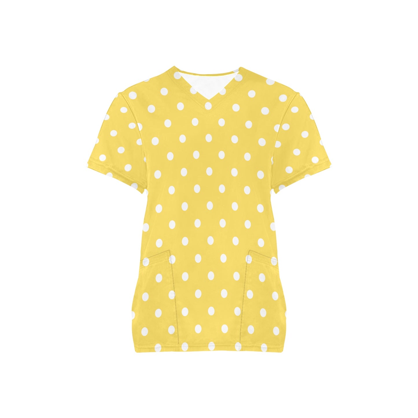 Yellow Polka Dots Medical Scrubs Top Women, Printed Ladies Female Plus Size Nursing Nurse Vet Veterinary Uniform Pockets Patterned