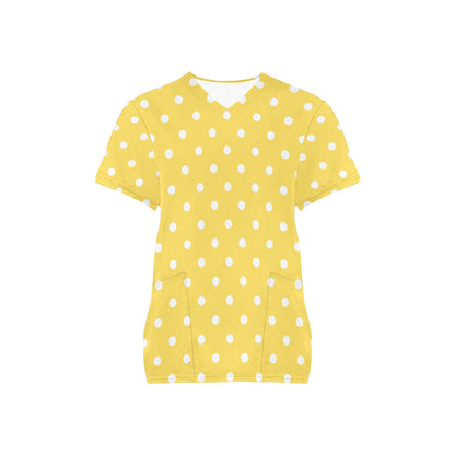Yellow Polka Dots Medical Scrubs Top Women, Printed Ladies Female Plus Size Nursing Nurse Vet Veterinary Uniform Pockets Patterned