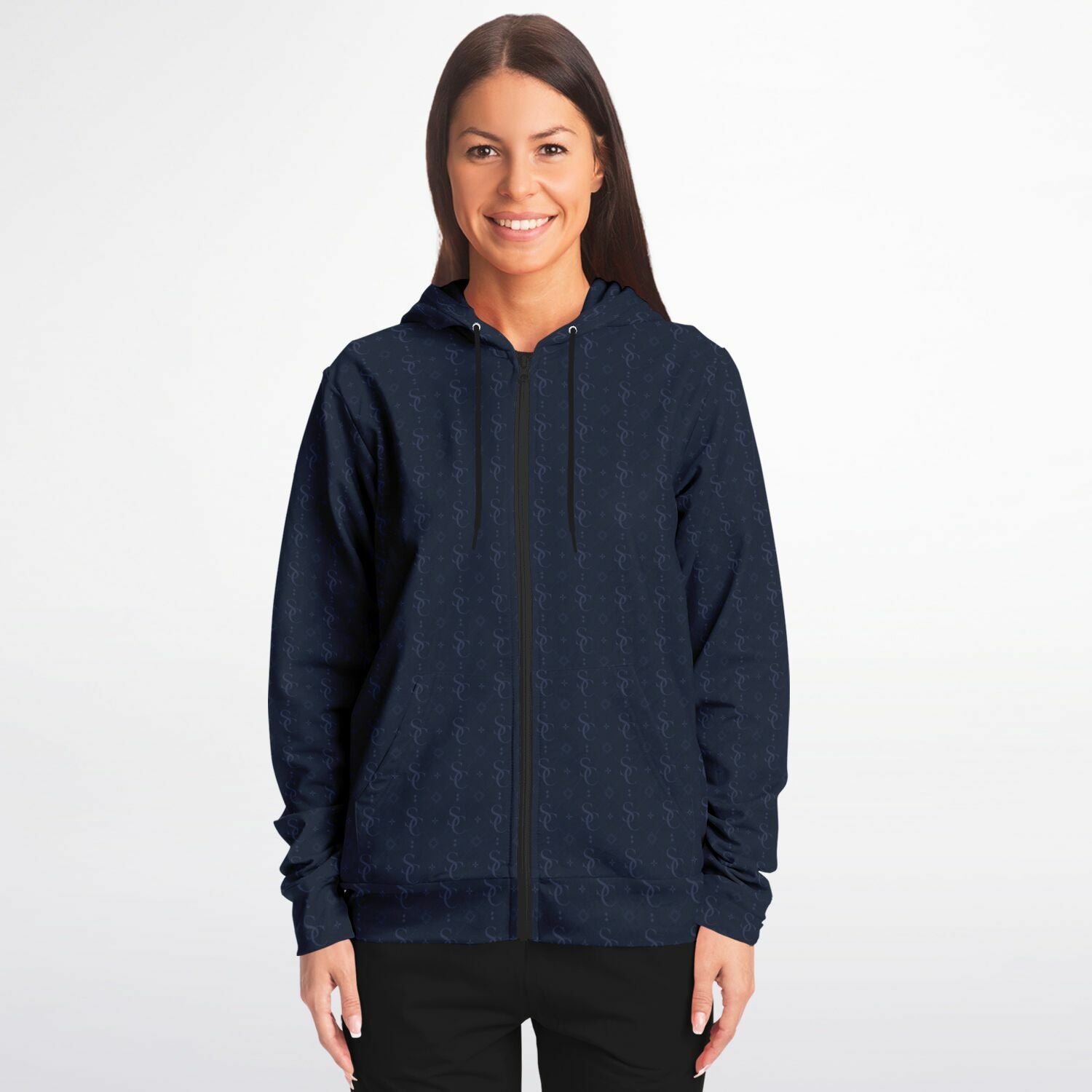 Navy Blue Zip Up Hoodie, Geometric Monogram Pattern Full Zipper Pocket Men Women Unisex Aesthetic Graphic Cotton Fleece Hooded Sweatshirt - Starcove Fashion
