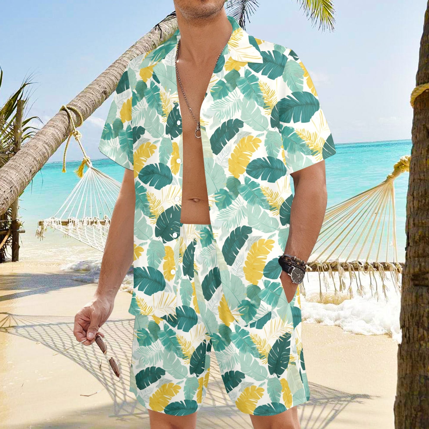 Tropical Leaf Shirt Shorts Outfit Set Men, Plants Banana Palm Tree Green Beach Sea Hawaiian Beach Male Guys Short Sleeve Button Up Down Luau