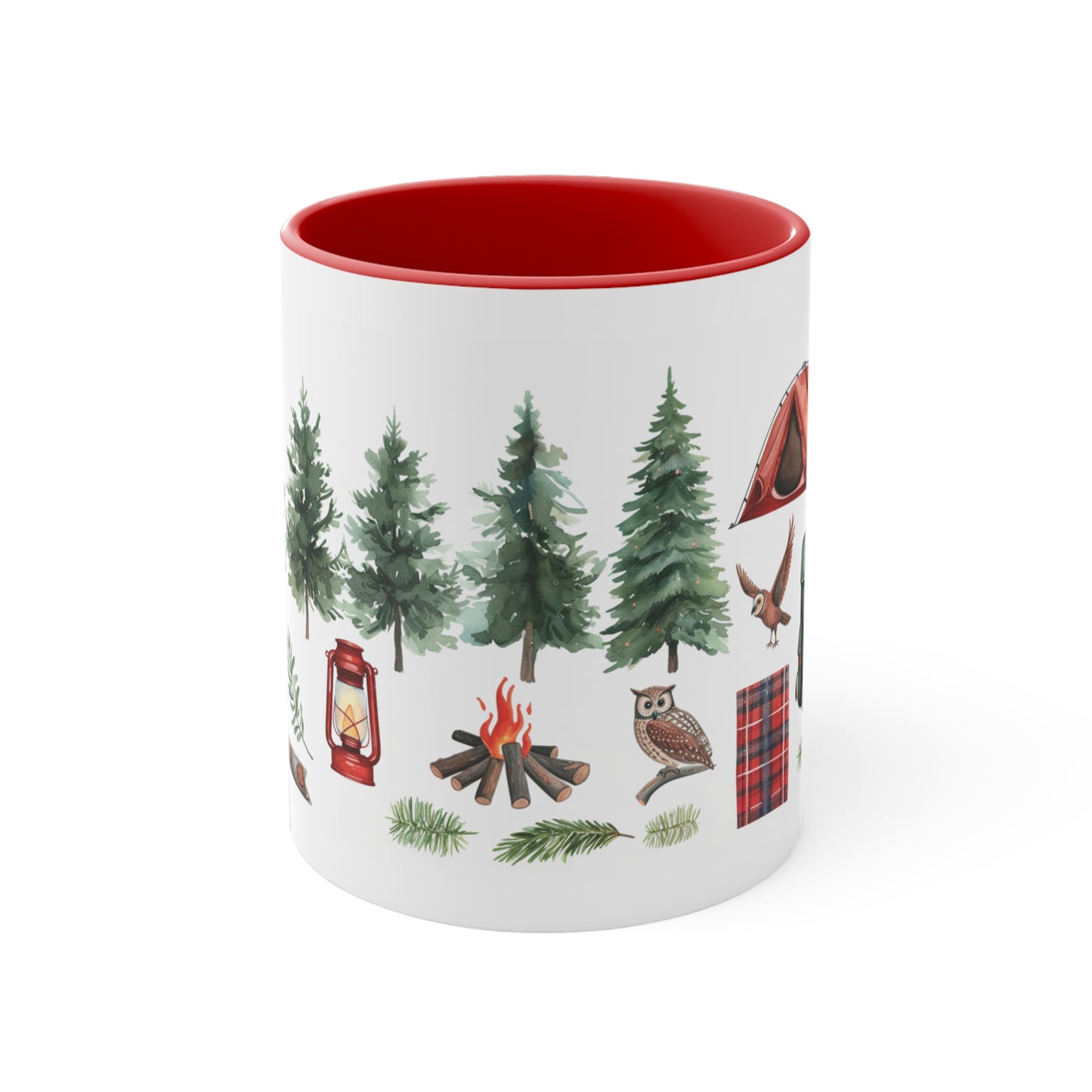 Camping Red Coffee Mug, Tent Pine Trees Camp Fire Nature Owl Watercolor Art White Ceramic Cup Tea Hot Chocolate Lover Unique Cool Gift