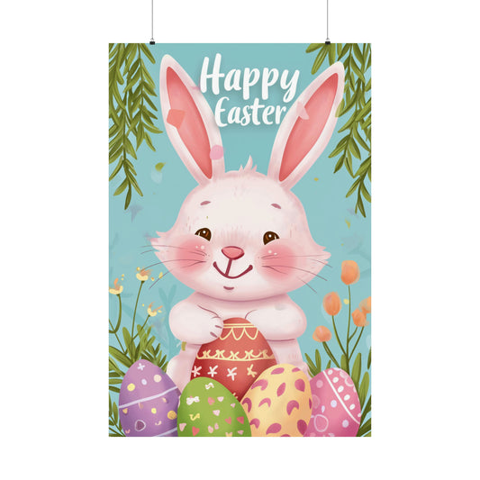 Happy Easter Poster Print, Bunny Eggs Hunt Rabbit Nursery Wall Image Art Vertical Paper Artwork Small Large Cool Room Office Decor