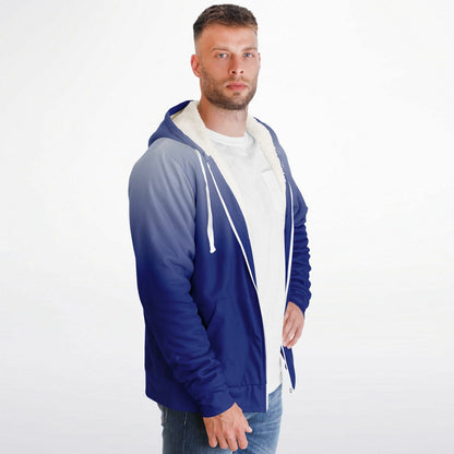 Blue White Ombre Zip Up Fleece Lined Hoodie, Tie Dye Gradient Heavyweight Full Zipper Pocket Men Women Unisex Hooded Sweatshirt Jacket