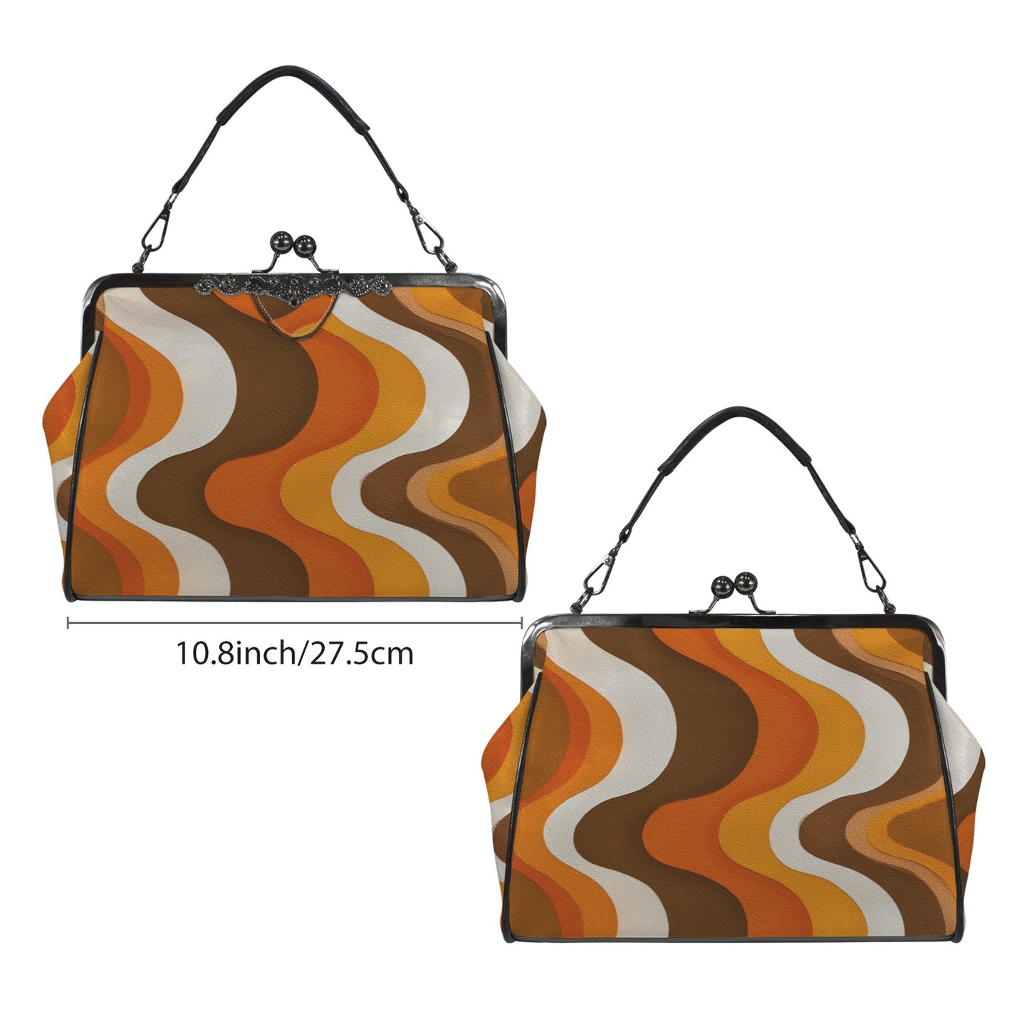 70s Retro Kiss Lock Purse Handbag, Orange Brown Wavy Striped Print Vegan Leather Vintage Designer Shoulder Crossbody Top Handle Clasp Bag