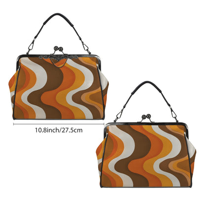 70s Retro Kiss Lock Purse Handbag, Orange Brown Wavy Striped Print Vegan Leather Vintage Designer Shoulder Crossbody Top Handle Clasp Bag